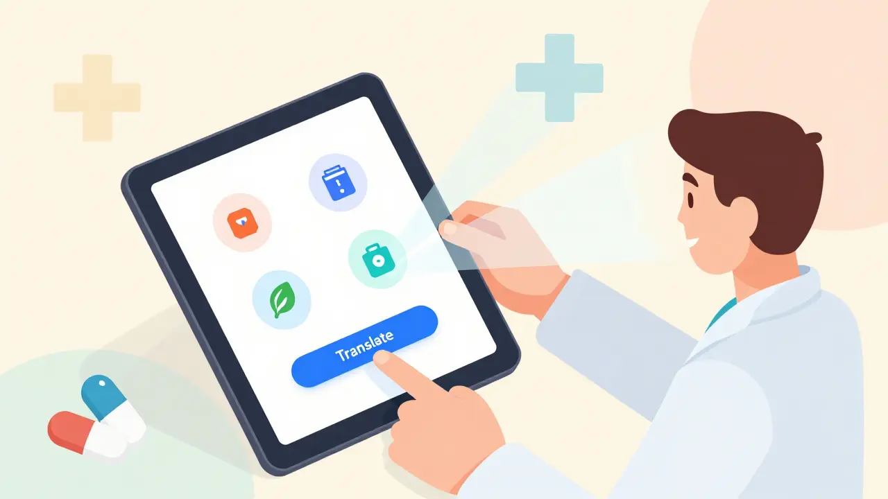 Isometric cartoon of pharmacist using tablet translation tool to help patient understand meds