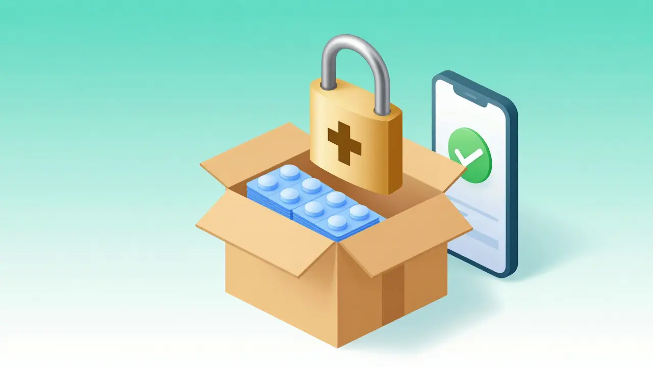 Isometric cartoon showing a secure package of medication with a digital safety lock
