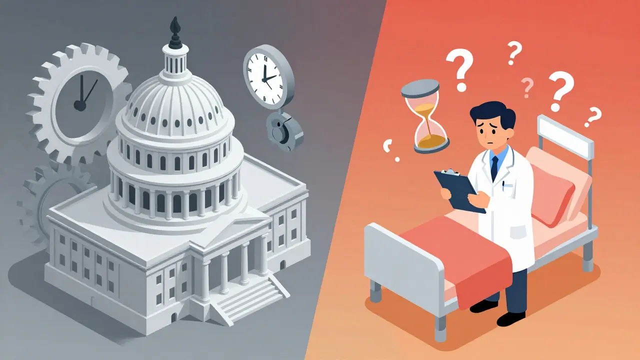 Isometric cartoon showing legislative gridlock impacting hospital care