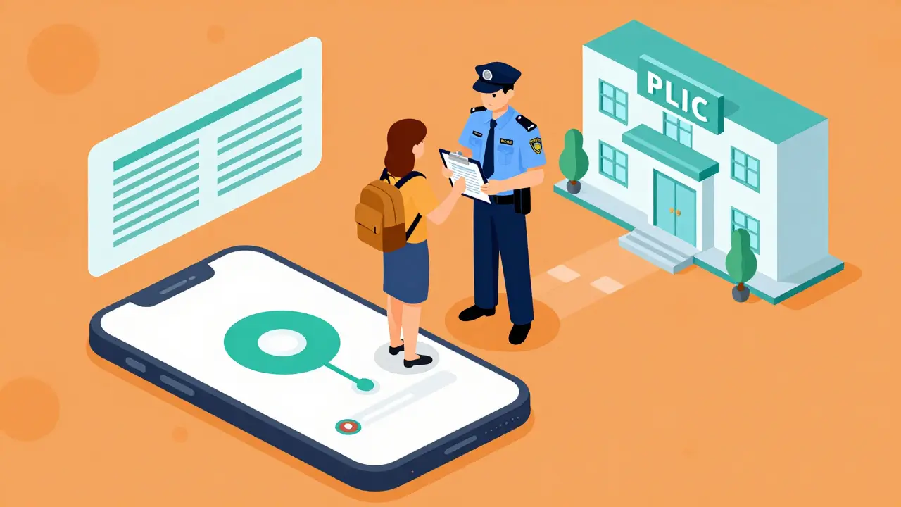 Isometric cartoon showing steps to take if travel medication is stolen