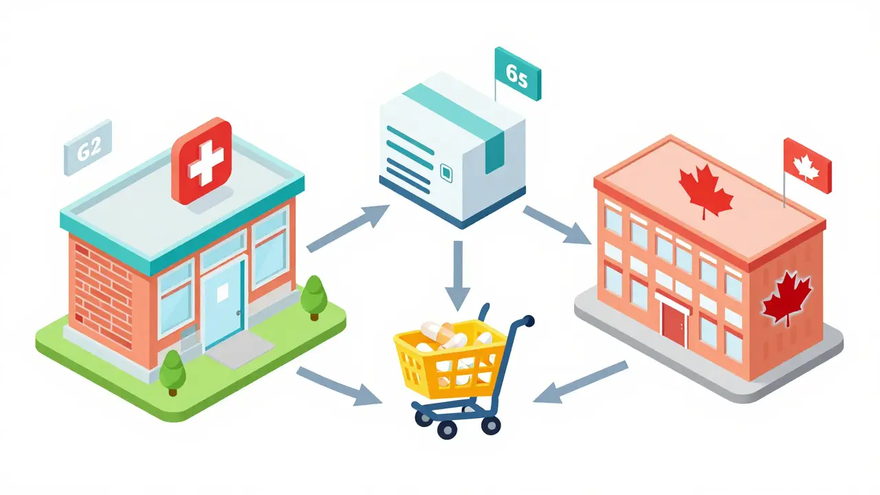 Isometric illustration comparing US retail, specialty, and Canadian pharmacy options visually
