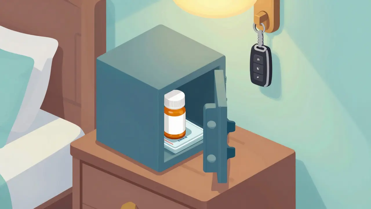 Isometric illustration of medication stored safely in hotel room safe