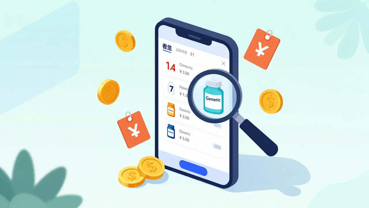 Isometric illustration of smartphone showing medication price savings and coupons