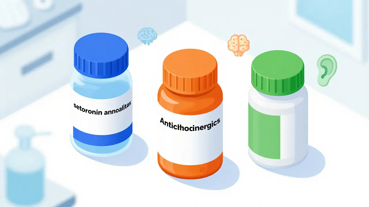 Isometric illustration of three antiemetic medicine bottles with subtle mechanism icons