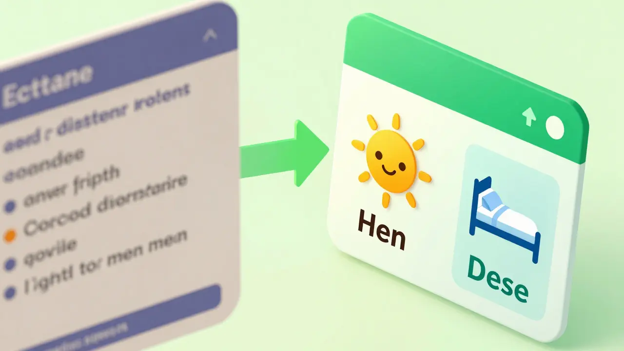 Isometric illustration showing transition from complex label to clear pictogram-based instructions