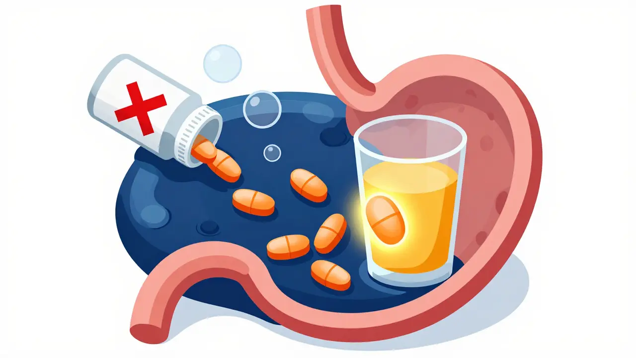 Isometric view of iron pills in stomach acid vs antacids