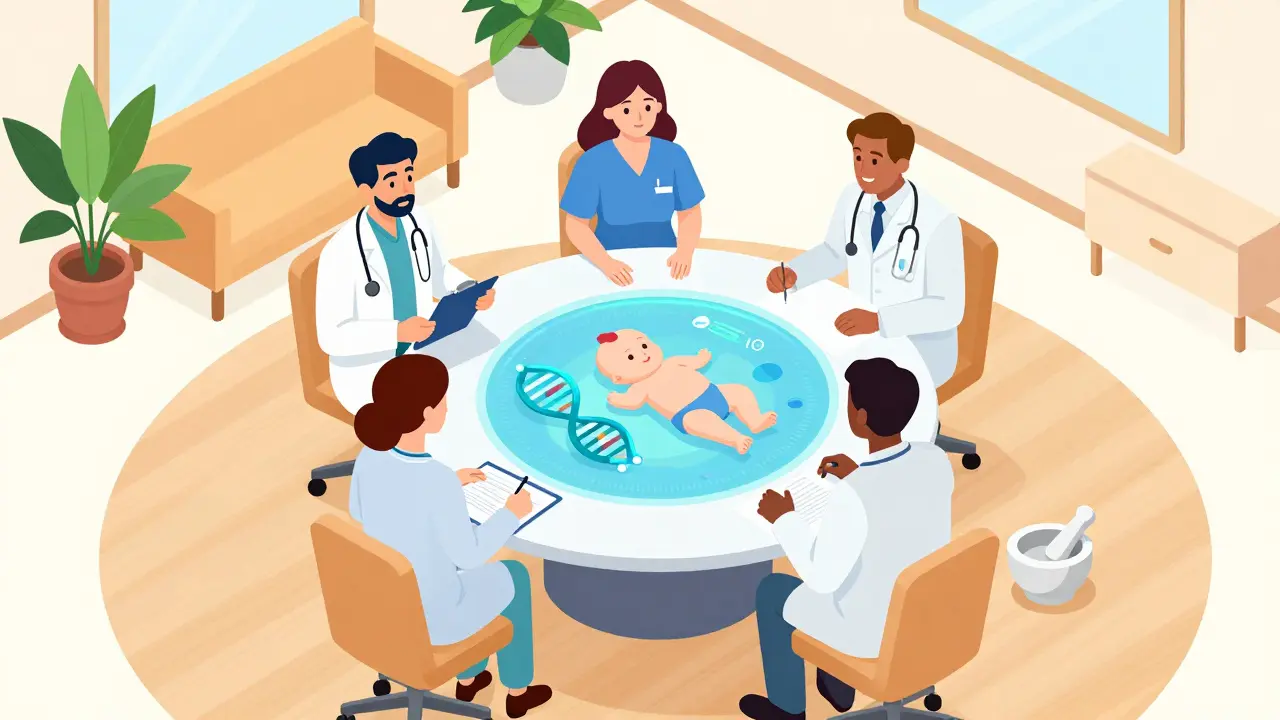 Medical team including rheumatologist and pharmacist coordinating pregnancy care.
