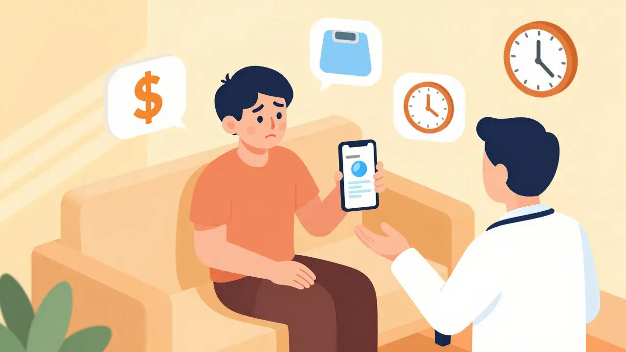Patient consulting doctor about medication choices in isometric style