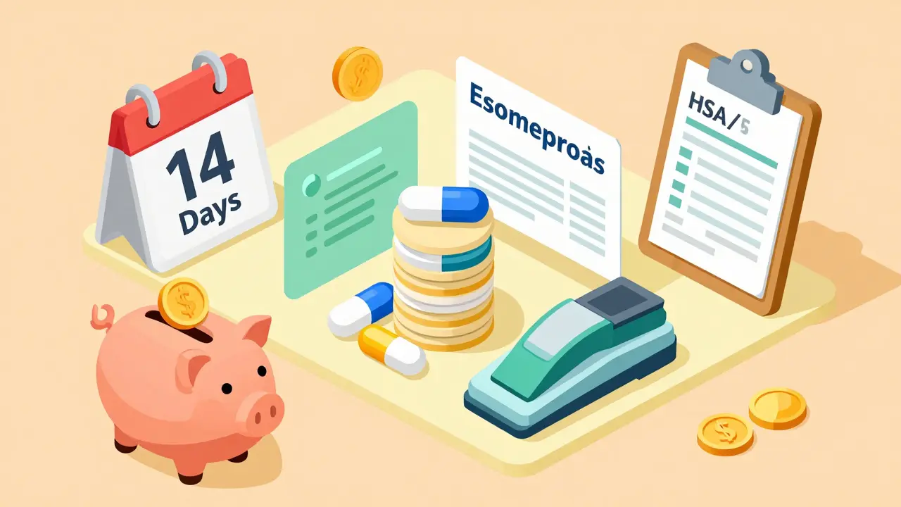Isometric art showing medication savings via coupons, HSA accounts, and bulk buying