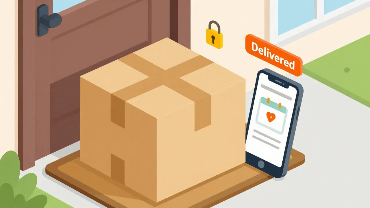 Isometric cartoon of a medication package delivered safely to a home