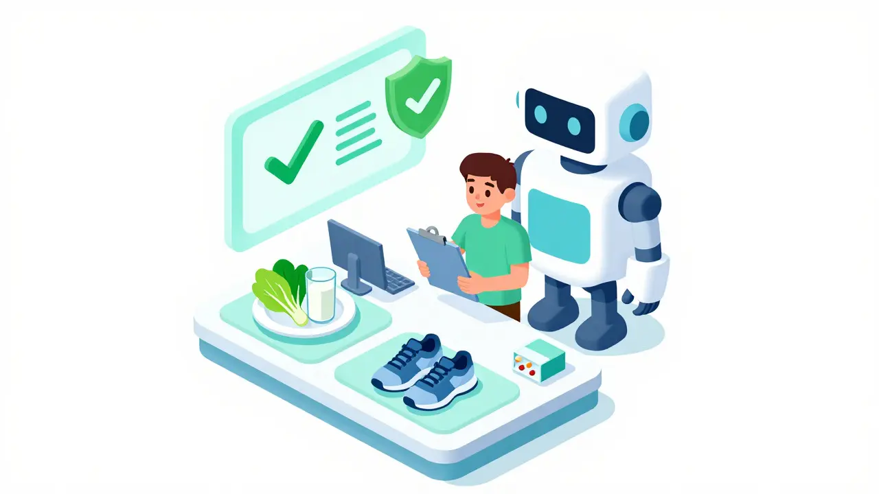 Isometric cartoon of a patient managing diet, exercise, and medication