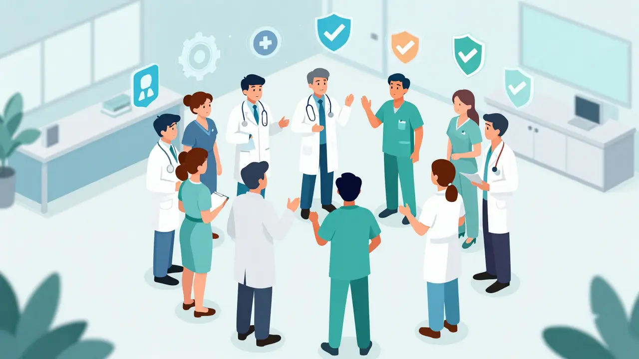 Isometric cartoon of healthcare team huddling together for safety discussion