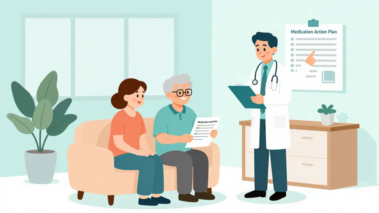 Isometric cartoon of senior, caregiver, and doctor discussing health plan together
