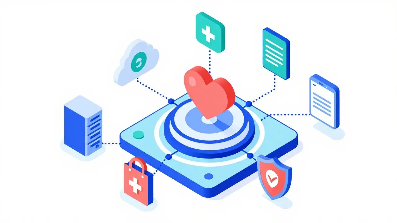 Isometric concept art showing connected health tech and privacy shields