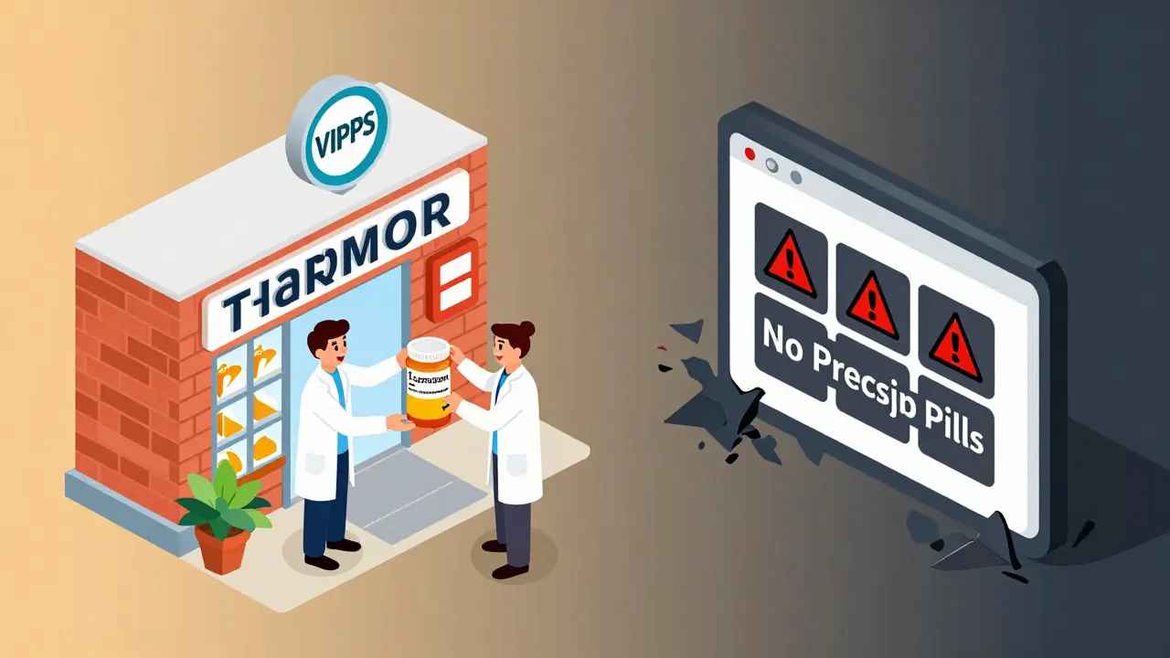 Isometric contrast between accredited pharmacy and shady fake website