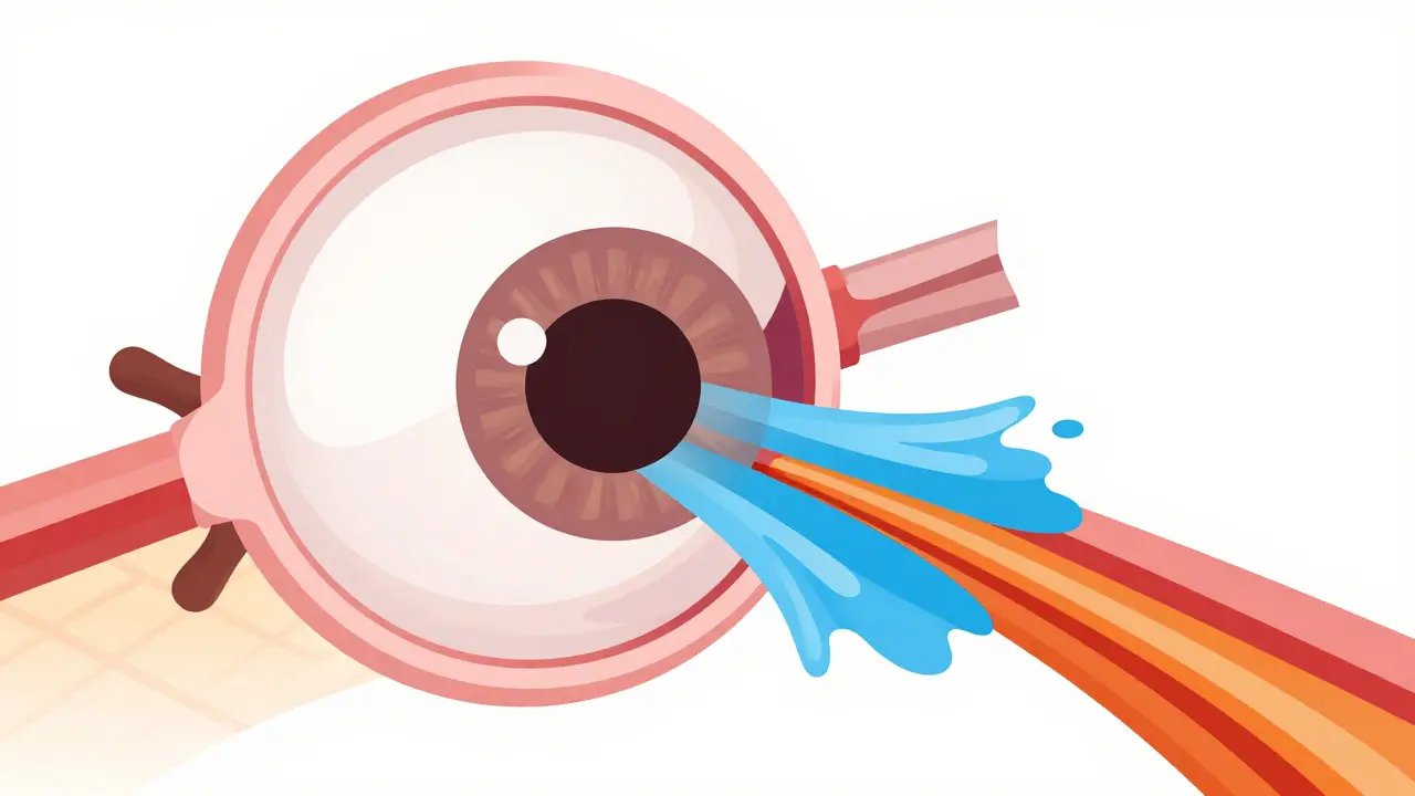 Isometric diagram showing blocked eye drainage angle causing pressure buildup