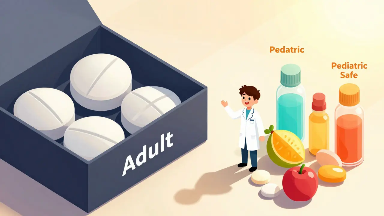 Isometric illustration comparing unsafe adult pills with safe pediatric medications