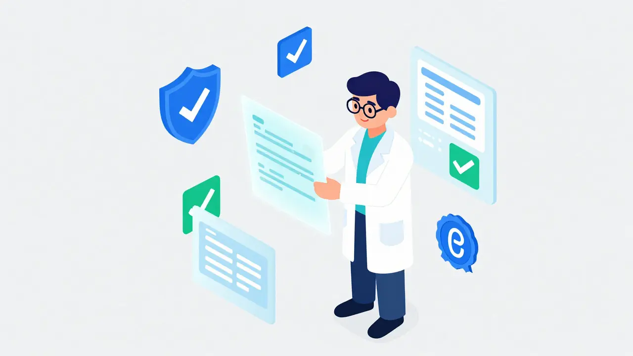 Isometric illustration of a pharmacist reviewing a digital prescription securely