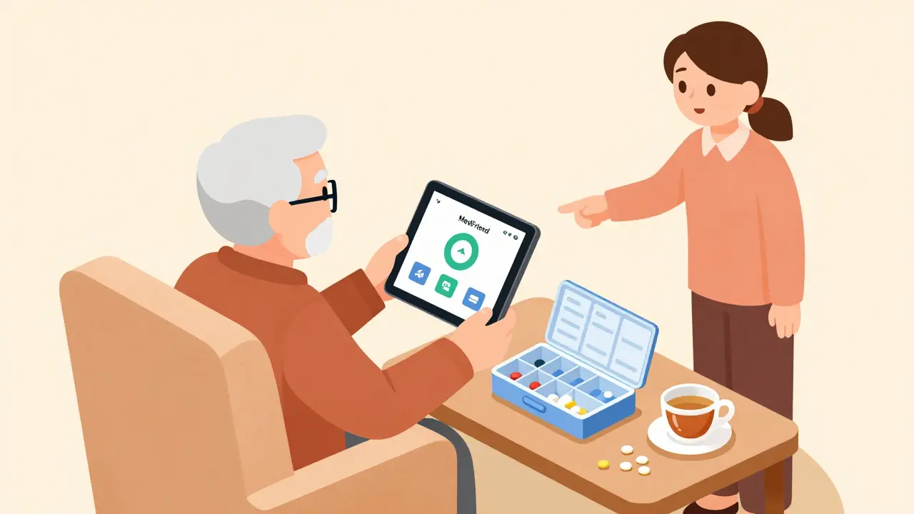Isometric illustration of an elder using a tablet with a caregiver nearby