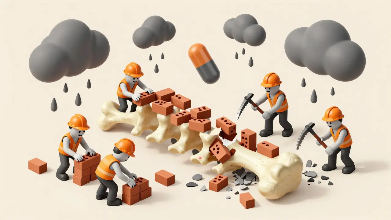 Isometric illustration of bone cells as construction workers vs demolition crew