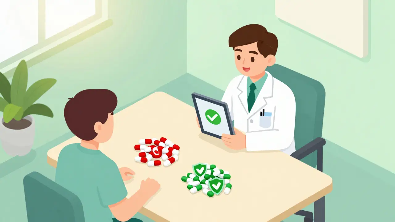Isometric illustration of doctor discussing safe medication alternatives with patient