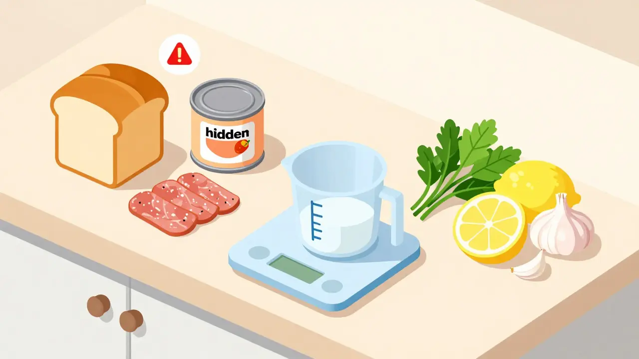 Isometric illustration of high-sodium processed foods versus fresh herbs