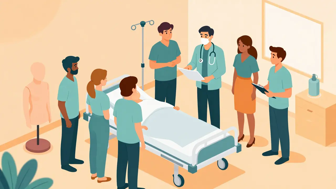 Isometric illustration of medical staff participating in safety training simulation