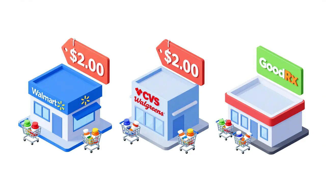 Isometric illustration of online pharmacies and coupons offering low drug prices