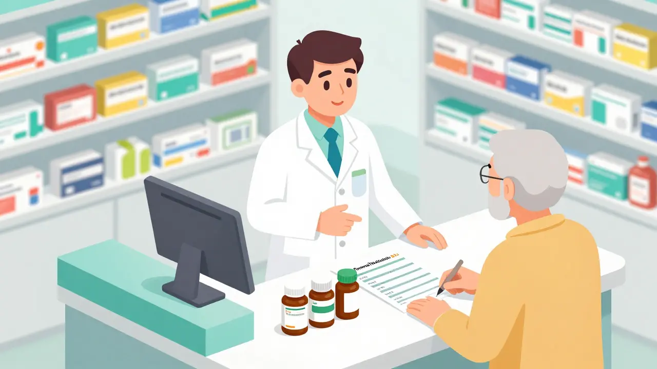 Isometric illustration of pharmacist reviewing medications with a senior patient