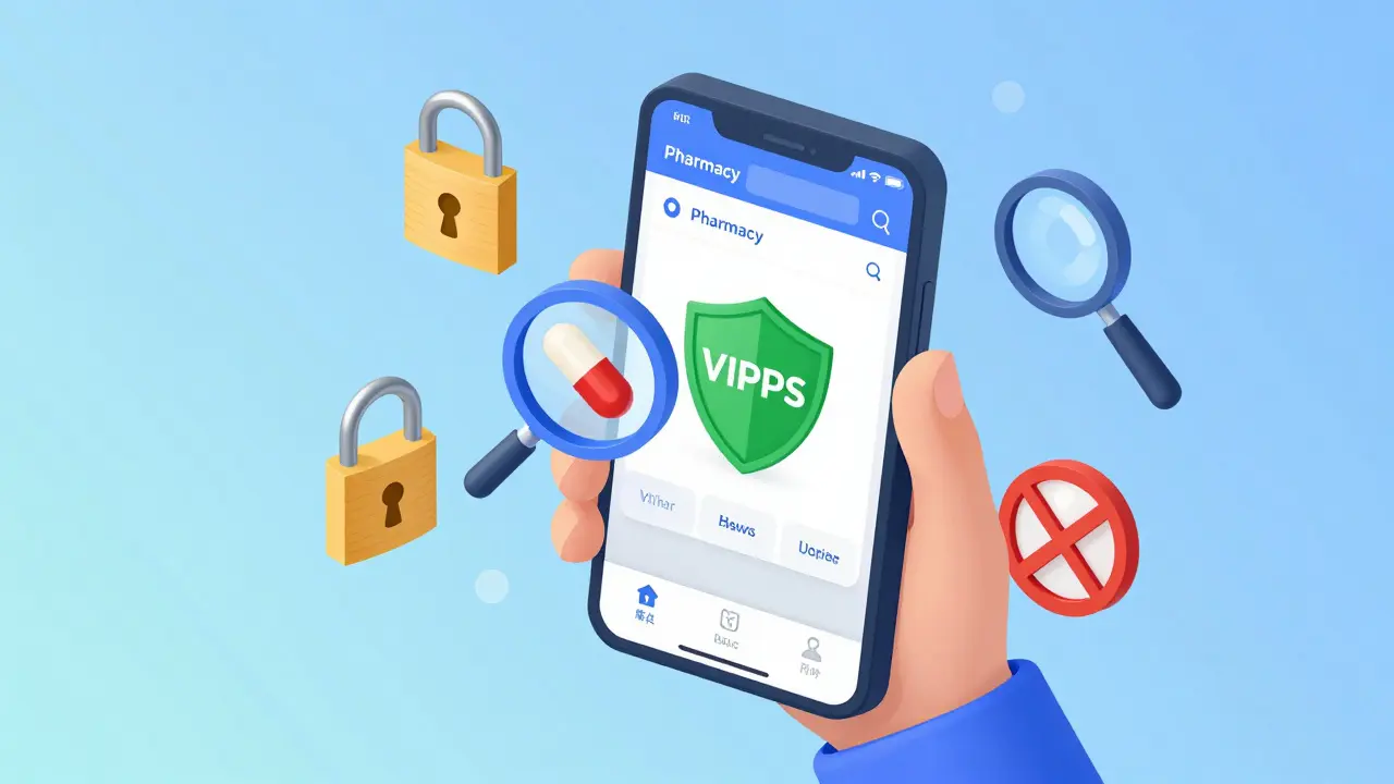 Isometric illustration of safe online pharmacy shopping with security seals and verification