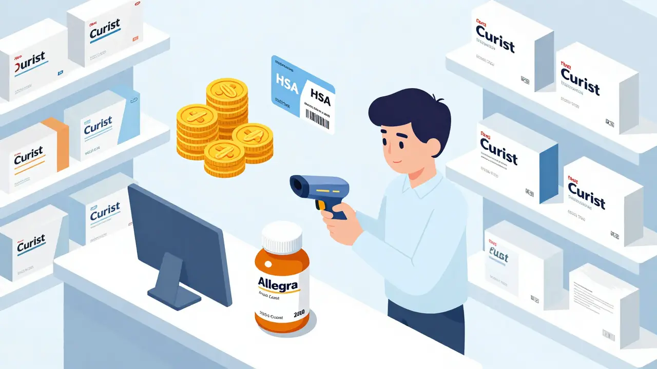 Isometric scene showing bulk buying and coupons saving money on allergy medicine