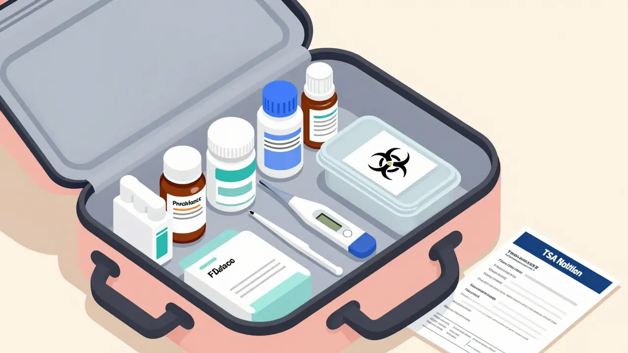 Organized carry-on bag with insulin, sharps container, and documents