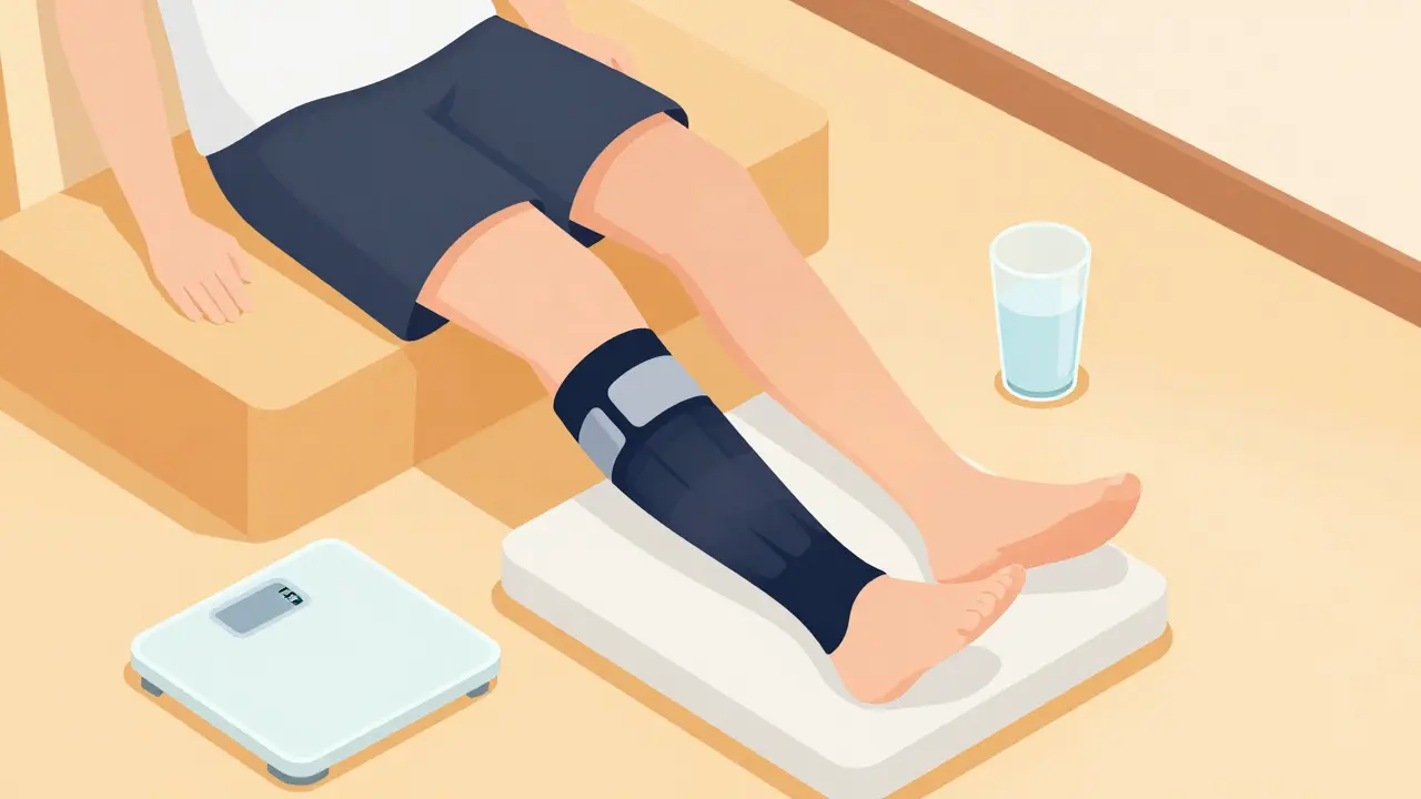 Patient wearing compression stockings with elevated legs and a scale