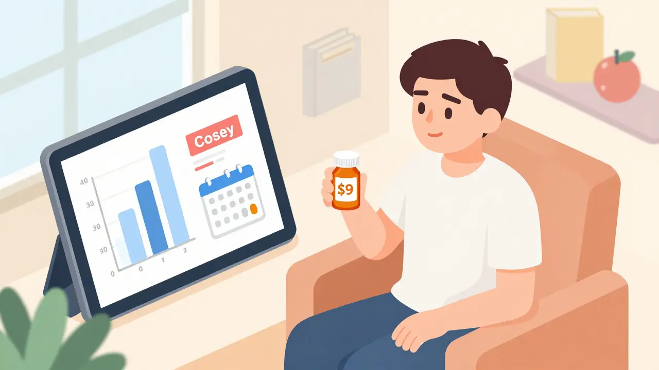 Relaxed person with generic meds and cost-saving tools in cozy room