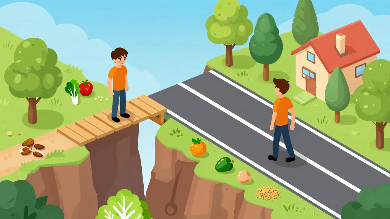 Cartoon depicting long-term diet adherence challenges with two different lifestyle paths