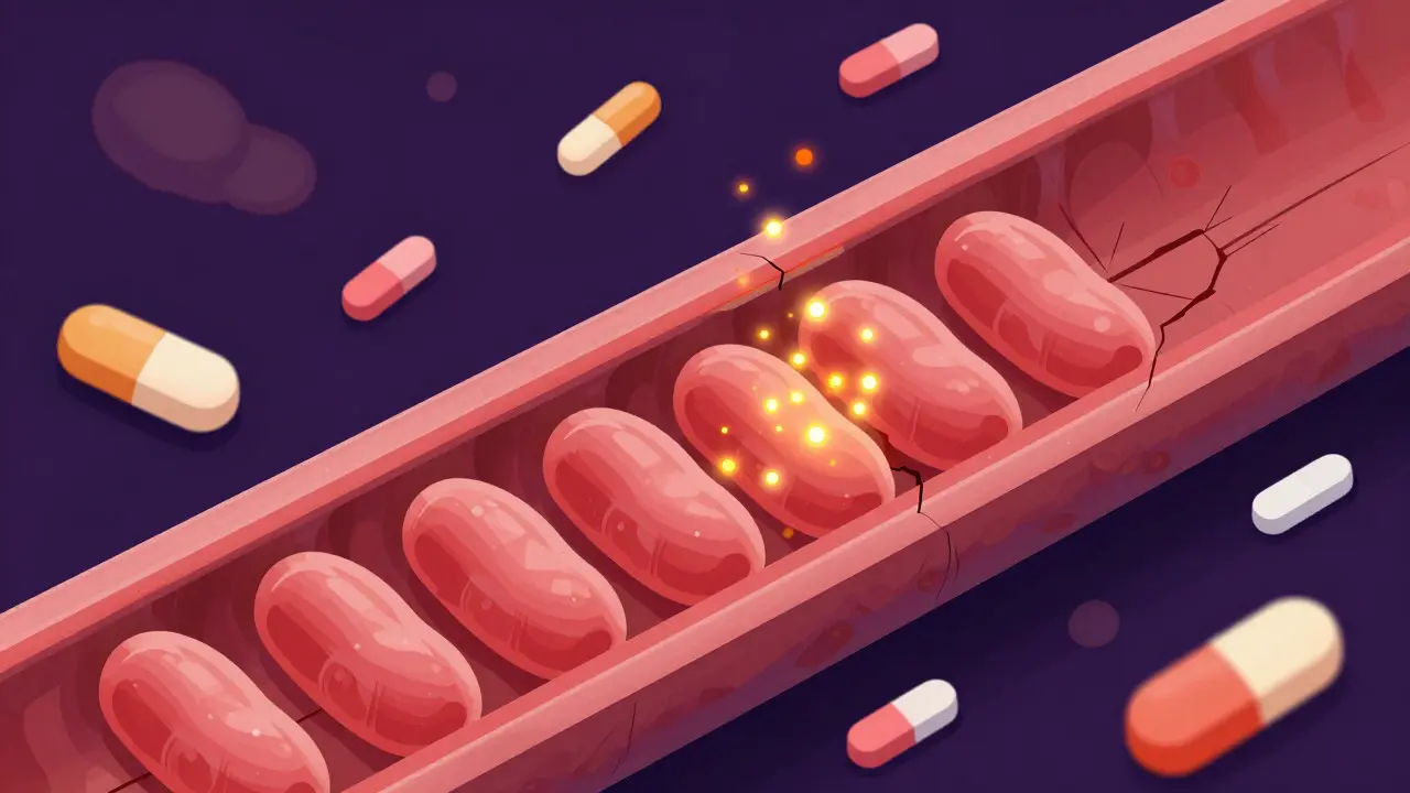 Conceptual isometric art showing blood vessel constriction caused by drug and food interactions