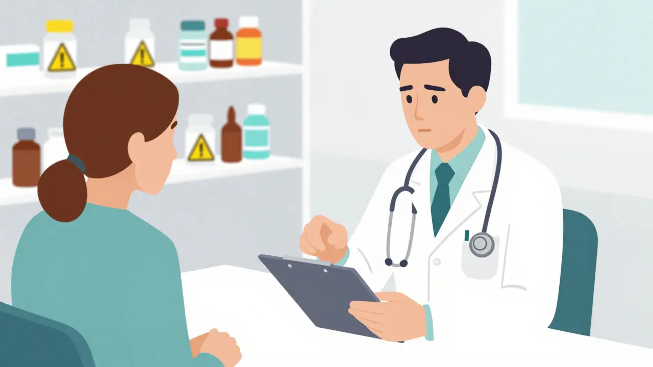 Doctor discussing medication risks with a patient in a clinic setting