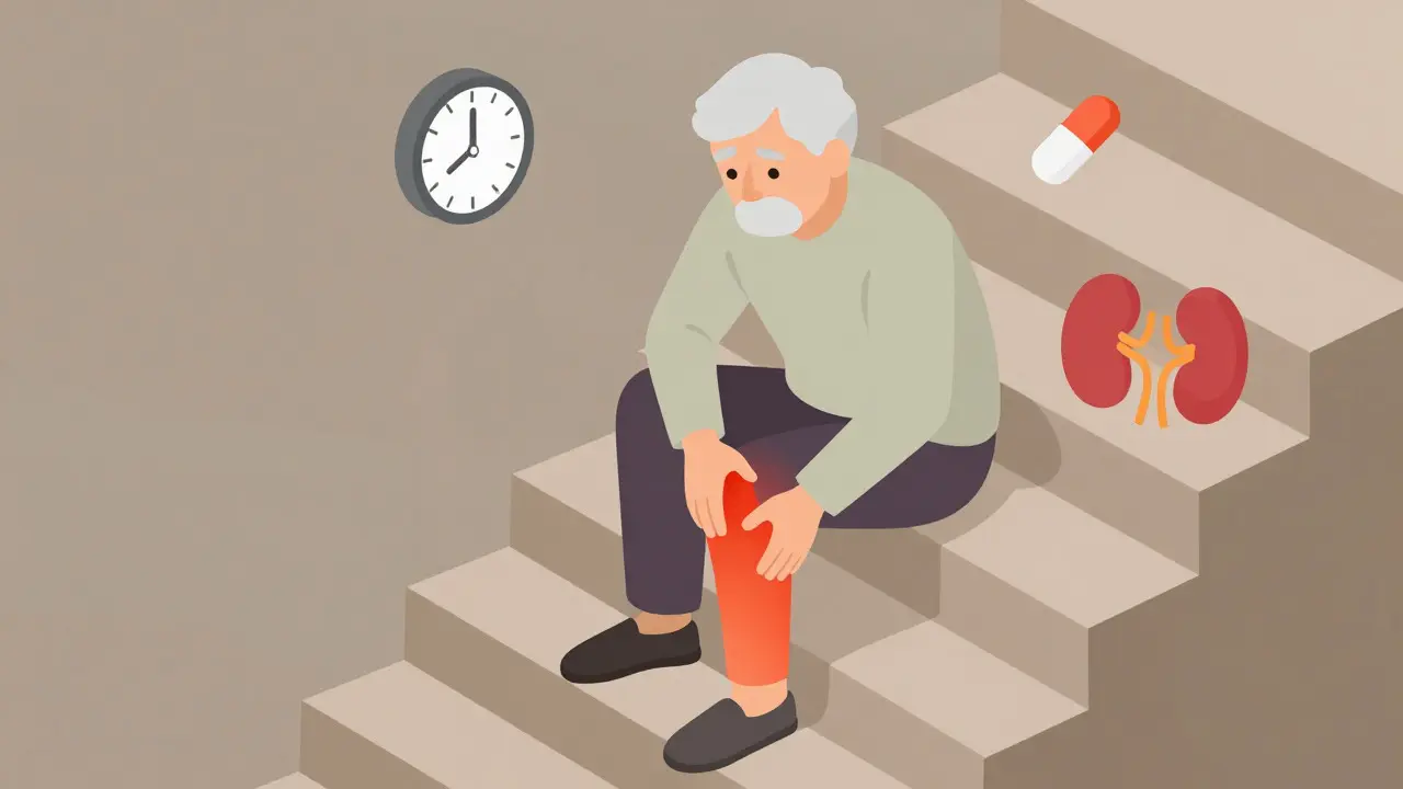 Elderly person sitting on stairs holding a painful heel after tendon injury