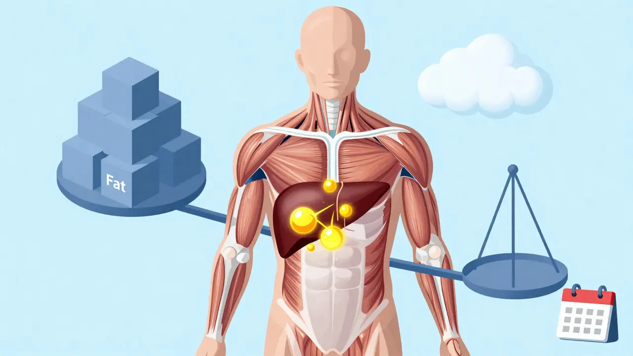 Illustration of body metabolism showing fat burning and water loss during low-carb diets