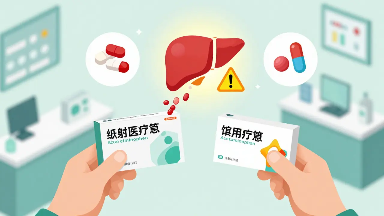 Isometric cartoon showing hands comparing two cold meds to avoid ingredient overlap