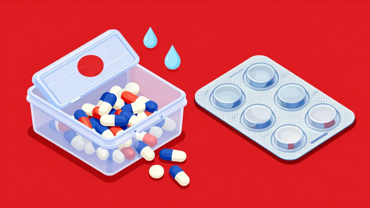 Isometric illustration comparing unsafe pill boxes with original packaging.