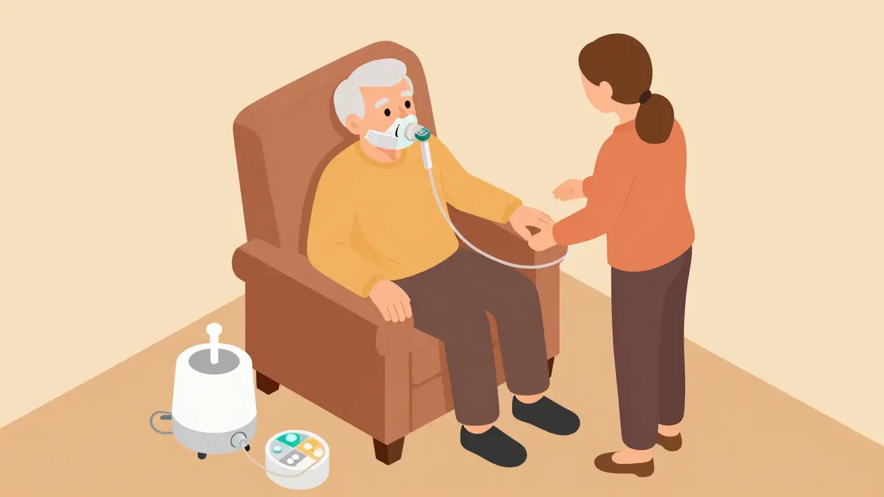 Isometric illustration of an elderly patient using home oxygen therapy in a cozy room
