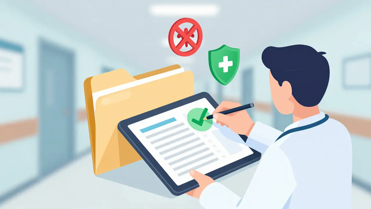 Isometric illustration of correcting allergy label in patient medical records.