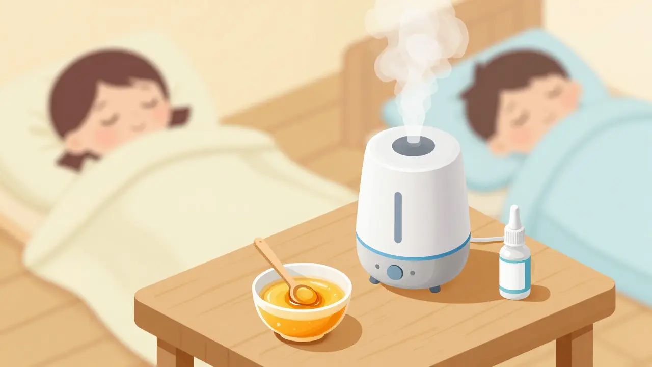 Isometric illustration of honey, humidifier, and saline spray as safe kid remedies