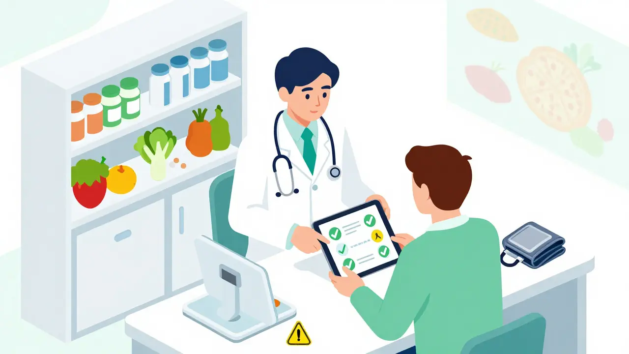 Isometric scene of a doctor and patient reviewing health data with monitoring tools