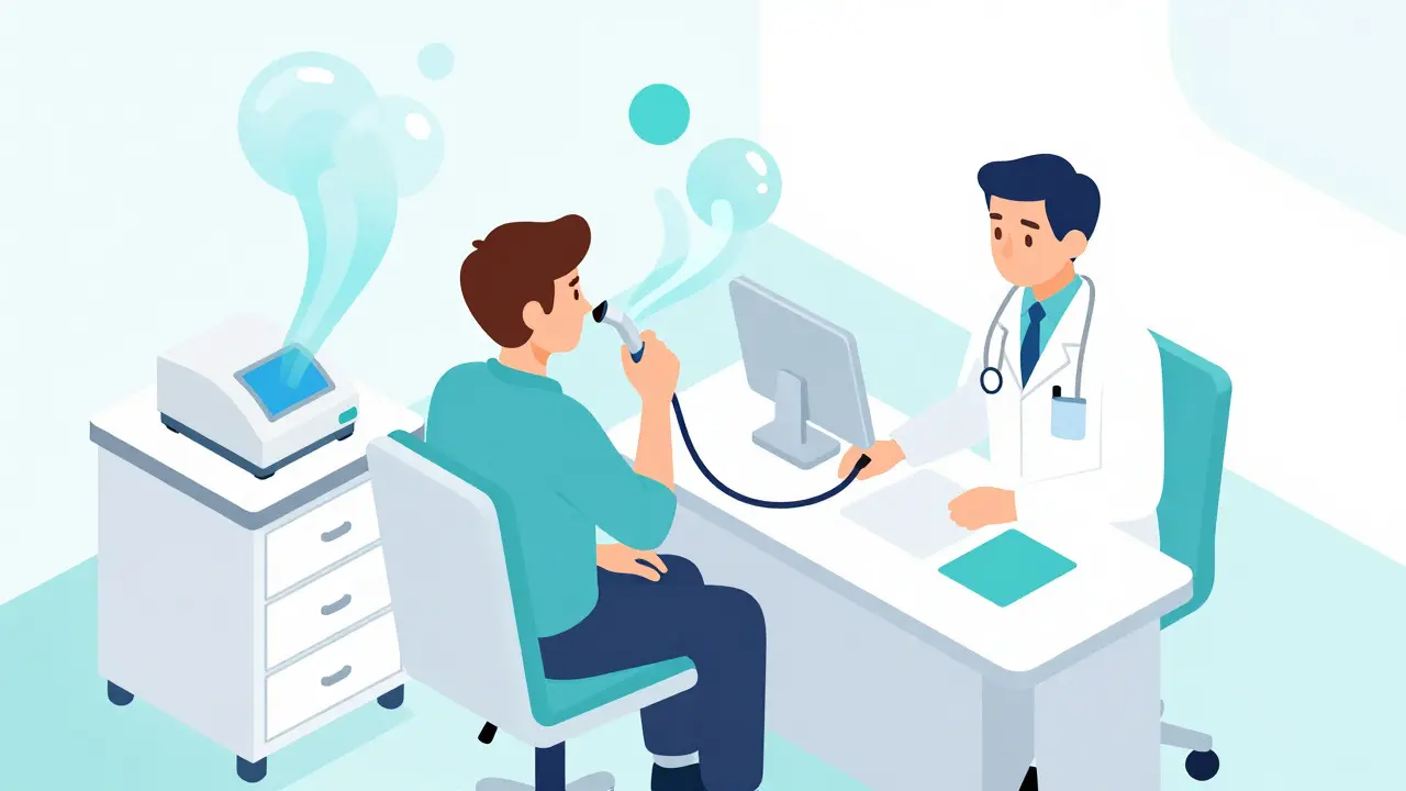Isometric view of a patient undergoing a lung function test in a modern clinic