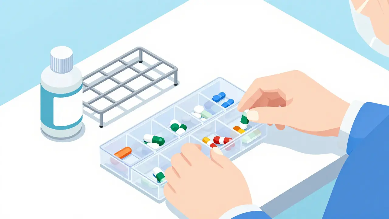 Isometric view of hands safely loading pills into a clean organizer.
