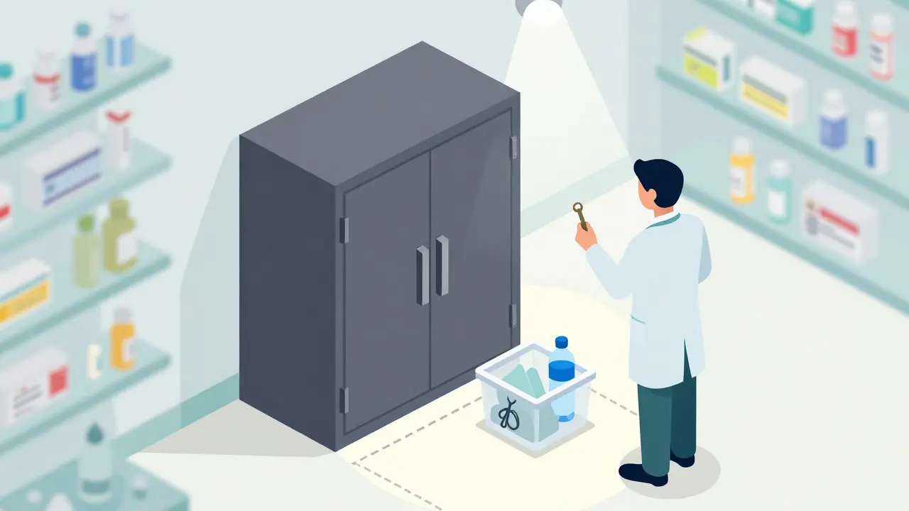 Locked medication cabinet and clear personal item bin in pharmacy area