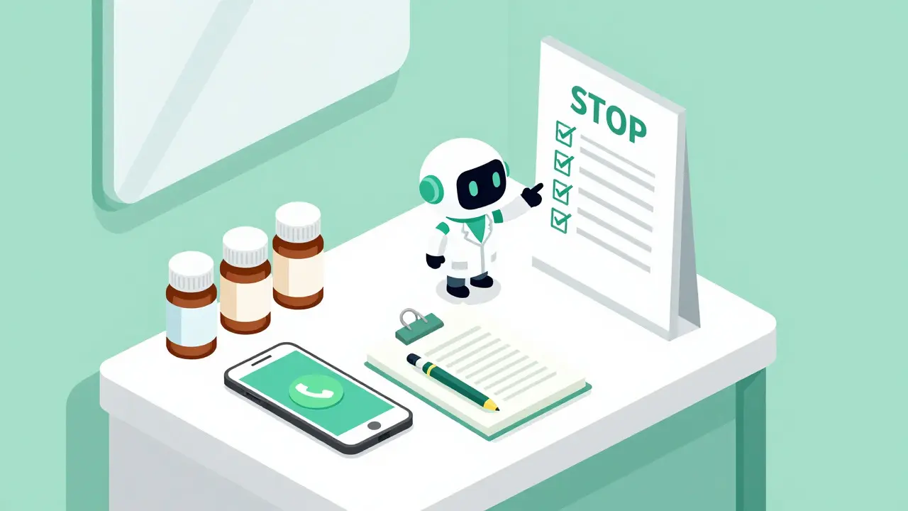 Pill bottles, phone, and checklist on a counter in isometric view