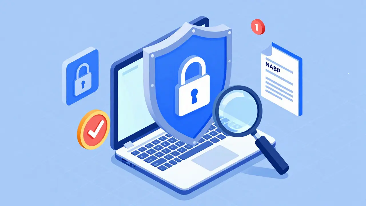 Shield protecting a laptop with icons for security and accreditation